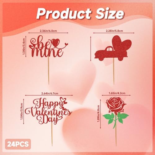 24pcs Happy Valentines Day Cake Toppers,Heart Glitter Sweet Love Theme Valentine'S Day Cupcake Toppers for Happy Birthday Wedding Party Supplies Cake Decorations(Red)