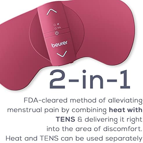 Beurer EM50 TENS Unit and Heating Pad - Portable Period Cramps Pain Relief, Rechargeable, Auto Shut-Off, 15 TENS Levels, Fast Heating, for Drug-Free Menstrual or Lower Back Pain Relief
