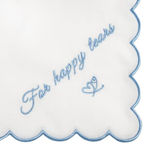 Embroidered Cotton White Handkerchief Hankie with Scalloped Edges Soft 11" x 11" Blue Wedding Gift for Bride