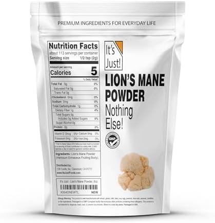 It's Just! - Lion's Mane Mushroom Powder, Natural Raw Superfood, Brain Support, Immune Health, Boost Energy, Non-GMO, 8oz