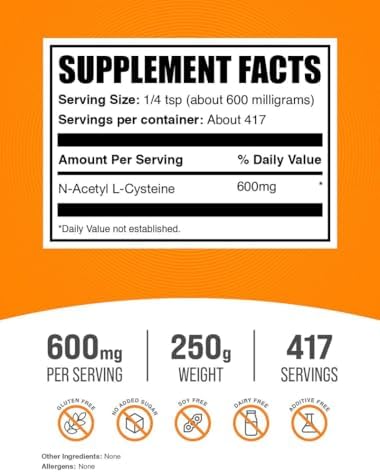 BulkSupplements.com NAC Powder - N-Acetyl Cysteine 600mg, NAC Supplement - Antioxidant Support, Gluten Free - 600mg per Serving, 417 Servings, 250g (8.8 oz) (Pack of 1)