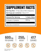 BulkSupplements.com NAC Powder - N-Acetyl Cysteine 600mg, NAC Supplement - Antioxidant Support, Gluten Free - 600mg per Serving, 417 Servings, 250g (8.8 oz) (Pack of 1)