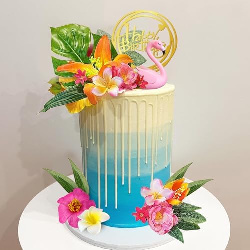 24 PCS Hawaiian Cake Topper Flamingo Cake Toppers Summer Cake Decorations Hibiscus Flower Palm Leaf Cake Toppers for Tropical Hawaiian Beach Luau Themed Supplies