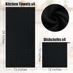 Kitinjoy 100% Cotton Kitchen Towels and Dishcloths Set, 8 Pack-13" x 28" and 12" x 12" Waffle Weave Dish Towels, Ultra Soft Absorbent Quick Drying Dish Rags, Black