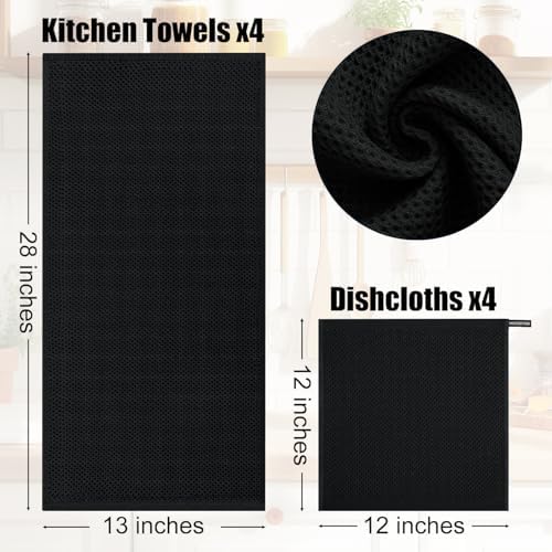 Kitinjoy 100% Cotton Kitchen Towels and Dishcloths Set, 8 Pack-13" x 28" and 12" x 12" Waffle Weave Dish Towels, Ultra Soft Absorbent Quick Drying Dish Rags, Black
