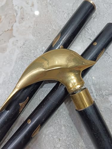Vintage Brass Dolphin Handle Walking Stick – Solid Wood Shaft – Nautical Gift Cane for Men