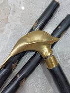 Vintage Brass Dolphin Handle Walking Stick – Solid Wood Shaft – Nautical Gift Cane for Men