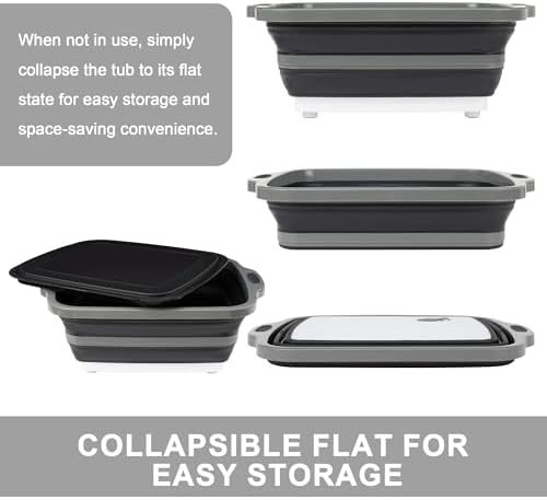 Collapsible Cutting Board with Container, Foldable Camping Sink with Colander, BBQ Prep Tub with Lid, Multifunction Dish Basin for Kitchen, Bowl, Vegetable and Fruit, 2.11 Gal/8L Storage Basket