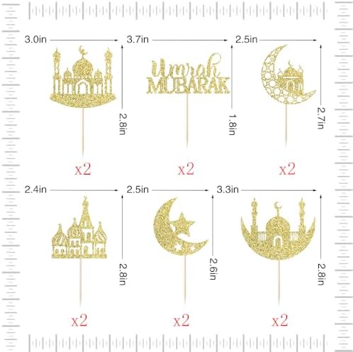 24 Pcs Eid Mubarak Cupcake Toppers,6 Patterns Glitter Umrah Mubarak Cupcake Picks,Ramadan Kareem Muslim Islam Eid Festival Party Decorations, Ramadan Mubarak Party Deorations