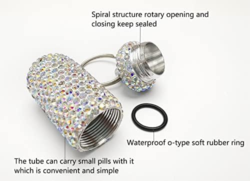 GOUWEIBA 2 Pieces Bling Pill Container Portable Pill Bottle Case Waterproof Travel Medicine Box Crystal Diamond Mini Pill Holder Storage with Keychain for Outdoor Camping Traveling (Pink, Silver)