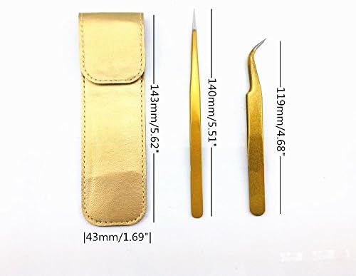 yueton 2pcs Gold Color Coated Stainless Steel Straight and Curved Head Tweezers with Leather Case for Eyelash Extension