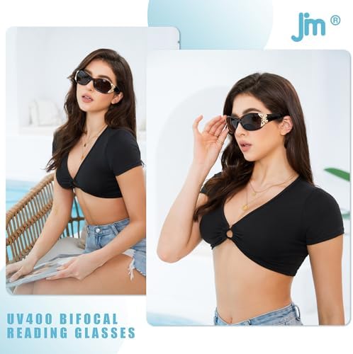 JM 2 Pack Bifocal Reading Sunglasses for Women Fashion Sun Readers Outdoor Reading Glasses UV400 Protection Black & Grey Tortoise +1.75