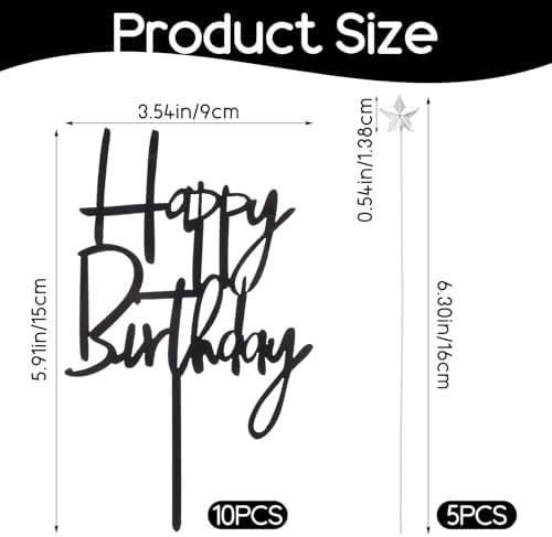 Happy Birthday Cake Topper Set of 10 PCS Black Acrylic Happy birthday Cake Topper 5 PCS Silvery Star Cupcake Toppers Decoration Supplies for Party Dessert Anniversary