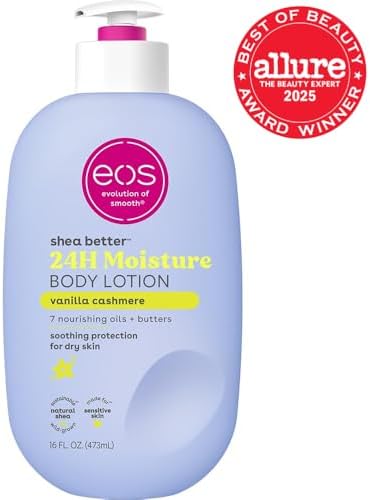 eos Shea Better Body Lotion Vanilla Cashmere, 24-Hour Moisture Skin Care, Lightweight & Non-Greasy, Natural Shea, Vegan, Vanilla Body Lotion, 16 fl oz