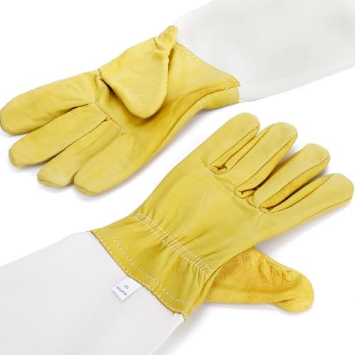 Lawei 3 Pairs Beekeeping Gloves, Goatskin Leather Beekeeper's Glove with Ventilated Canvas Long Sleeves, Thick Protected Bee Glove for the Beginner Beekeeper Hand Protection, Elastic Cuffs Vented