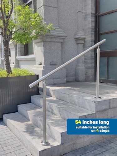 4 Step Stair Railing, Handrail for Indoor Outdoor Steps, 1.65 in Round DIY 304 Stainless Steel Transitional Porch Deck Hand Rail with Installation Kit for Seniors, Silver, 54 x 36 in