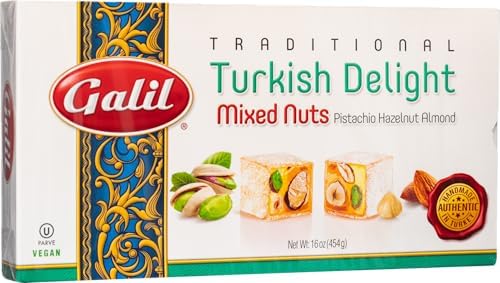 Turkish Delight Galil (Rahat Lokum) Mixed Nuts Flavor Gift Box – Authentic Traditional Turkish Dessert with Pistachios, Hazelnuts & Almonds, Handmade in Turkey, Soft Chewy Powdered Sugar Coated Lokum, Kosher & Vegan Gourmet Middle Eastern Candy, 16oz/454g