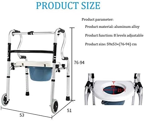 Folding Walker with Wheels Toilet Chair with Bucket and Shower Seat Adjustable Walker Disabled Wheelchair Storage Mobility Aid Walking Frame for Elderly Seniors Disabled,