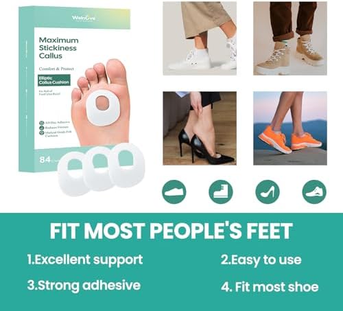 Welnove 84pcs Callus Pad with Water-Resistant Self-Stick Adhesive, Protects Foot, Heel and Toes from Rubbing and Friction,Oval Shape Design,Reduce Pressure and Friction from Shoes Rubbing-White