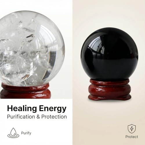 Natural Clear Crystal Ball Sphere with Red Wooden Stand Hand-Carved Quartz Gemstone Home Decor Office Desk Ornament Yoga Meditation Mindfulness Zen Decor Gift ((Clear Quartz+Obsidian) Gift Box Set)