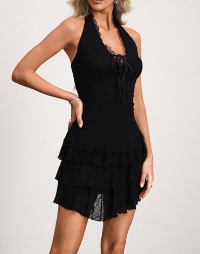 HYPERFIRE Women's Halter Backless Lace Western Cowgirl Dress Layered Hem Festival Outfit