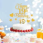 19th Birthday Cake Decorations, 19th Birthday Candles Cake Numeral Candles and Glitter Happy 19th Birthday Cake Toppers Set for Birthday Party Supplies (Gold)