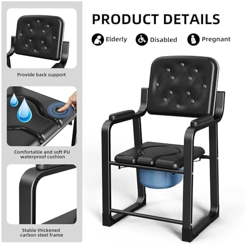 Heavy Duty Bedside Commode Chair, High Backrest PU Leather Armchair with Extra Soft Padded Cushion, Elderly Safety Toilet Seat for Living Room Bedroom, Supports up to 350lbs (Black)