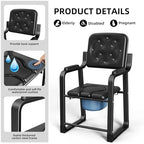 Heavy Duty Bedside Commode Chair, High Backrest PU Leather Armchair with Extra Soft Padded Cushion, Elderly Safety Toilet Seat for Living Room Bedroom, Supports up to 350lbs (Black)