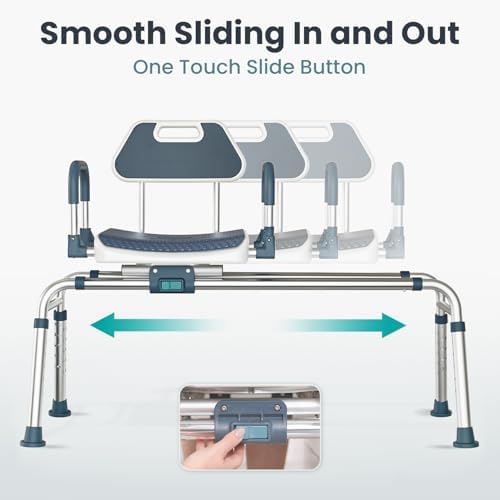Sliding Shower Chair Tub Transfer Bench with Swivel Seat, Shower Bench for Elderly and Disabled, with Security Belt, 360 Rotation, Slides and Rotates, Adjustable,one Touch Slide Button, Dark Blue