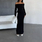 LOUSEA Womens Off The Shoulder Sweater Dress Stripes Print Long Sleeve Fall Maxi Dress Knitted Bodycon Dresses