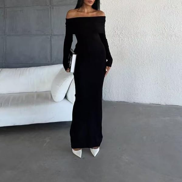 LOUSEA Womens Off The Shoulder Sweater Dress Stripes Print Long Sleeve Fall Maxi Dress Knitted Bodycon Dresses