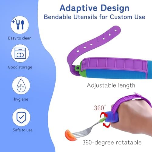 Adaptive Utensils Set, 2pcs Spoons Forks Set for Elderly, Weighted Utensils for Hand Tremors, Arthritis Weakness, and Parkinsons, with Non-Slip Easy Grip Handle, 360 Degree Rotation Rubber Strap