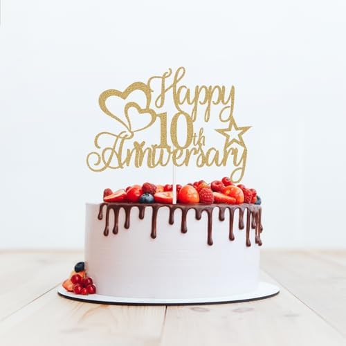Glitter Happy 10th Anniversary Cake Topper, 10 Years Loved Blessed Wedding Anniversary Birthday Party Decorations Black