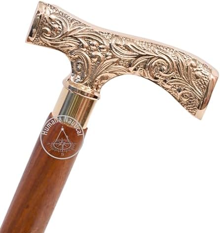 Humaira Nautical Handcrafted Wooden Walking Stick with Ornate Solid Brass Handle - Timeless Vintage-Inspired Cane for Men and Women