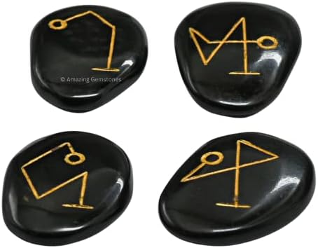 Amazing Gemstone Archangel Stones Set of 4 - Michael, Gabriel, Raphael, Uriel Signature Symbol for Talisman Protection - Black Agate Healing Crystals and Healing Stones
