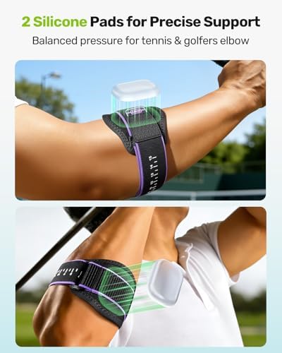 Upgraded Tennis Elbow Brace for Men Women with 2 Silicone Pads, Adjustable Golfers & Tennis Elbow Strap for Tendonitis Pain Relief, Support for Sports, Fits Forearm 7.1''-14', Purple