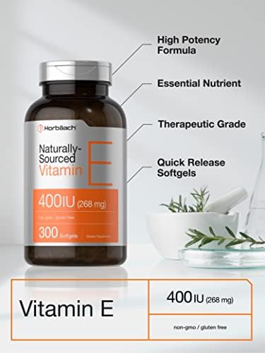 Horbäach Vitamin E Softgel Capsules | 400 iu | 268mg | 300 Count | Non-GMO and Gluten Free Naturally-Sourced Formula | D-Alpha Tocopherol