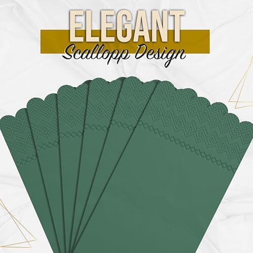 Party Solids Dark Green Scalloped Napkins Disposable 20 Pcs 3-Ply Dark Green Scalloped Dinner Napkins Disposable Decorative for Dinners & Parties, Paper Guest Towels for Bathroom & Party Supplies