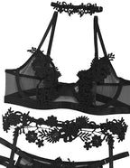 Lilosy Sexy Cute Applique Embroidered Underwire Push Up Garter Belt Chocker Lingerie Set