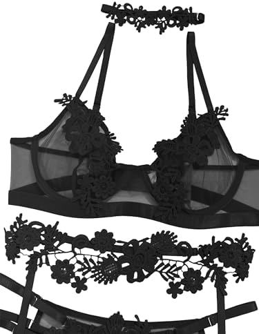 Lilosy Sexy Cute Applique Embroidered Underwire Push Up Garter Belt Chocker Lingerie Set