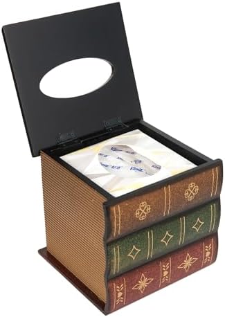 Crafted Classical Retro Wooden Antique Book Tissue Box Cover Square Tissue Holder Dispenser Paper Cover Case Napkin Holder Home Decor for Bathroom Living Room Office car Kitchen (Brown)