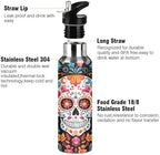 Skull Day Of The Dead Water Bottle Kids Insulated Sports Vacuum Stainless Steel Mug with Straw Lid & Handle 20 oz