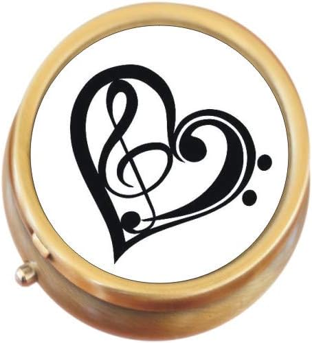 Musical Notes Heart Brass Round Pill Box