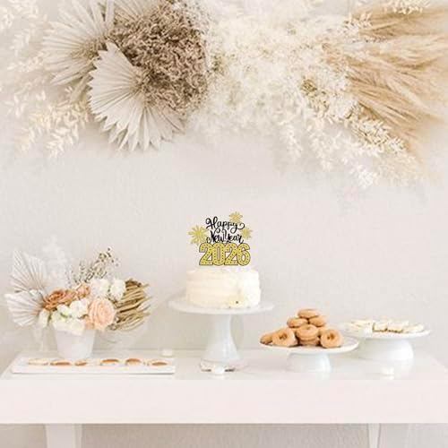 1 Pack 2026 Happy New Year Cake Topper Glitter Hello 2026 Fireworks Cake Pick Welcome 2026 Happy New Year's Eve Cake Decoration Party Supplies Gold