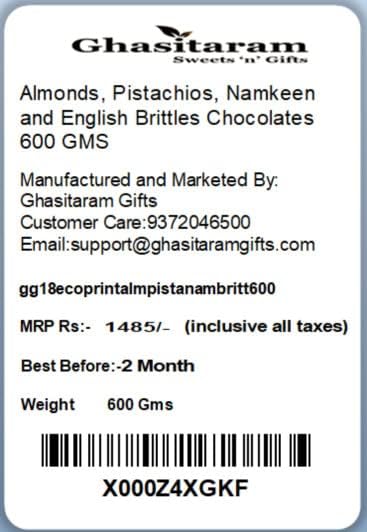 Ghasitaram Gifts Diwali Gifts Diwali Chocolates - Eco 4 Part Print Hamper Box with Almonds, Pistachios, Namkeen and English Brittles Chocolates 600 GMS