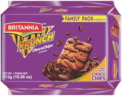 Britannia Chocochip Crunchy Cookies 512g | Kids Lunchbox Snack | Chocolate Chip Biscuits Family Pack 18.06oz | Vegetarian School Snack | Tea Time Treat