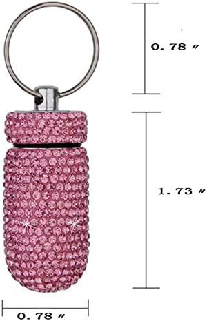 2 Pack Bling Crystal Rhinestones Waterproof Pocket Keychain Pill Holder，Portable Mini Aluminium Alloy Pill Organizer Case Container to Hold Vitamins for Outdoor Camping Travel（Silver,Pink）