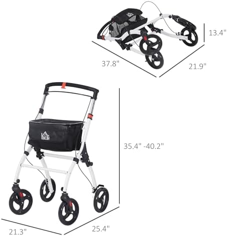 HOMCOM Upright Walker for Seniors for Tall Men, FSA HSA Eligible Rollator Walker Stand Up Walking Aid with Storage Bag, Tray, Dual Brakes, Adjustable Handle Height, White