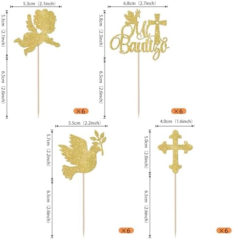 Rsstarxi 24 Pack Spanish Mi Bautizo Cupcake Toppers Golden Glitter Cross Angel Dove Baptism Cupcake Picks for Religious God Bless Baby Shower Birthday Baptism Party Cake Decorations