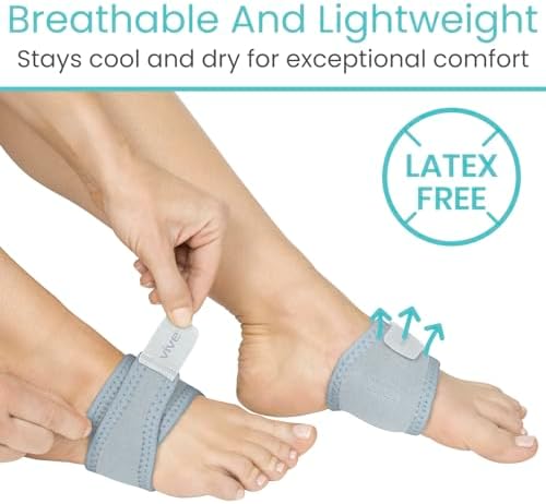 Vive Foot Arch Support Brace (Pair) - Wrap Corrector for Flat Feet, Plantar Fasciitis, Pain Relief, Fallen Arches - Compression Sleeve Strap, Gel Bands Inserts for Women & Men, Wear Under Socks (Gray)